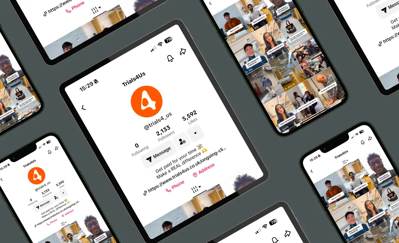 Different devices showing the Trials4Us social media channels