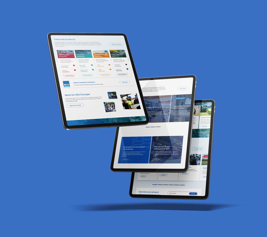 Multiple tablet devices on a blue background displaying different pages of the NCH Europe website
