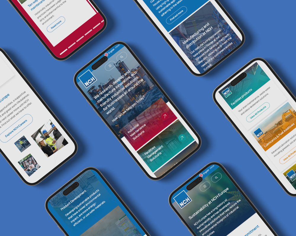 Multiple mobile phones on a blue background displaying different pages of the NCH Europe website