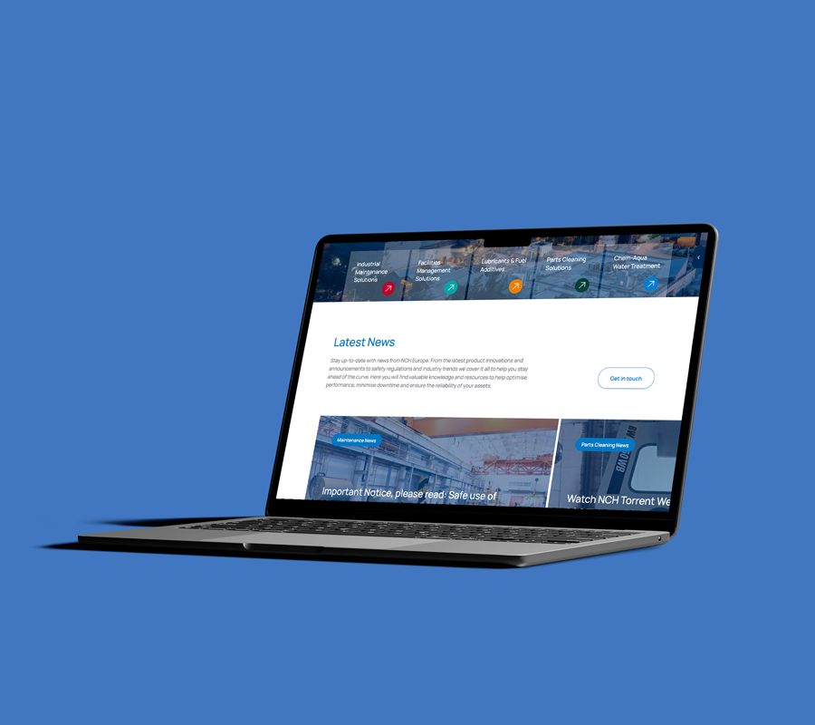 Open laptop on a blue background displaying NCH Europe website