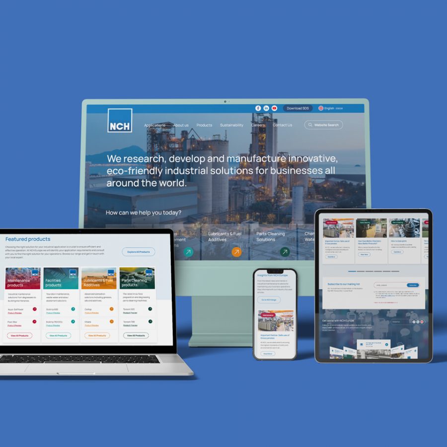 A variety of devices, including desktop monitor, laptop, mobile and tablet, on a blue background. All displaying various webpages from the NCH Europe website.