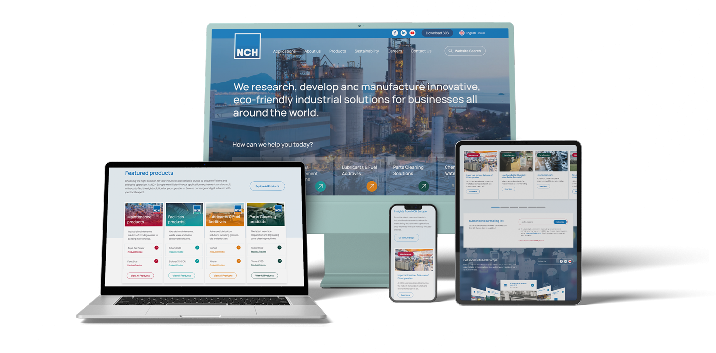 A variety of devices, including desktop monitor, laptop, mobile and tablet. All displaying various webpages from the NCH Europe website.