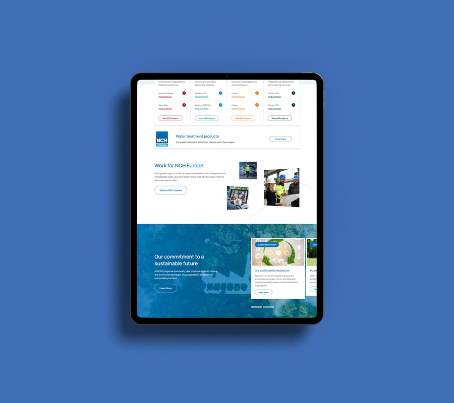 Tablet device on a blue background displaying a page from the NCH Europe website