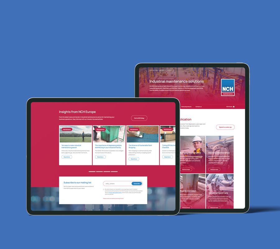 Two tablet devices, one landscape - one portrait, on a blue background displaying different pages of the NCH Europe website