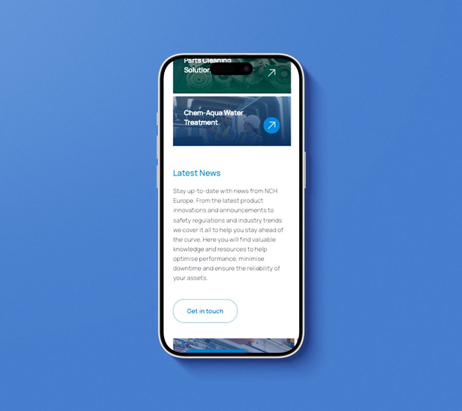 Mobile phone on a blue background displaying NCH Europe website