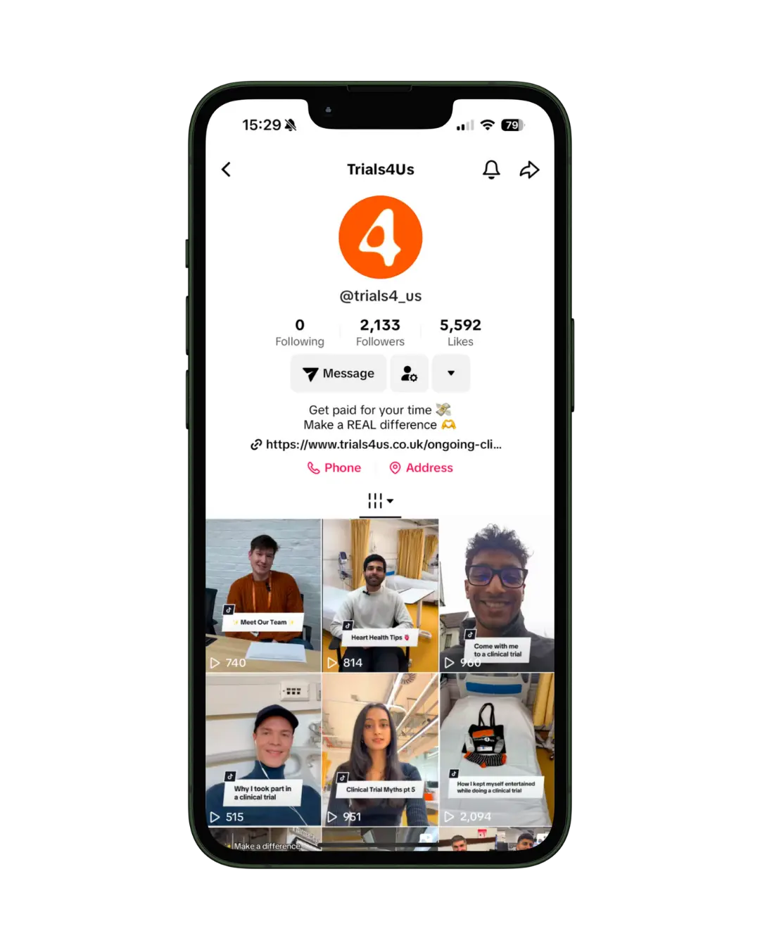 An iPhone mockup with Trials4Us Social Media Feed