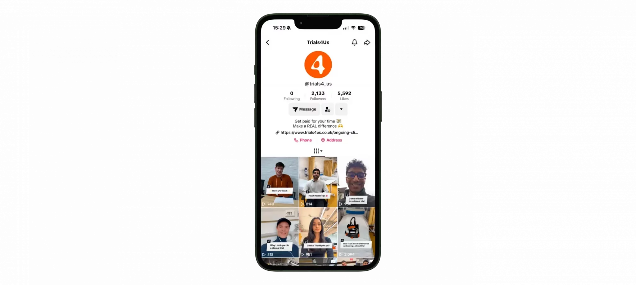 Smartphone screen displaying a social media profile page for Trials4Us