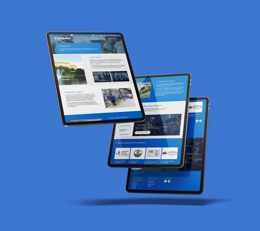 Three tablet devices displaying different pages of the Chem-Aqua website, against blue background