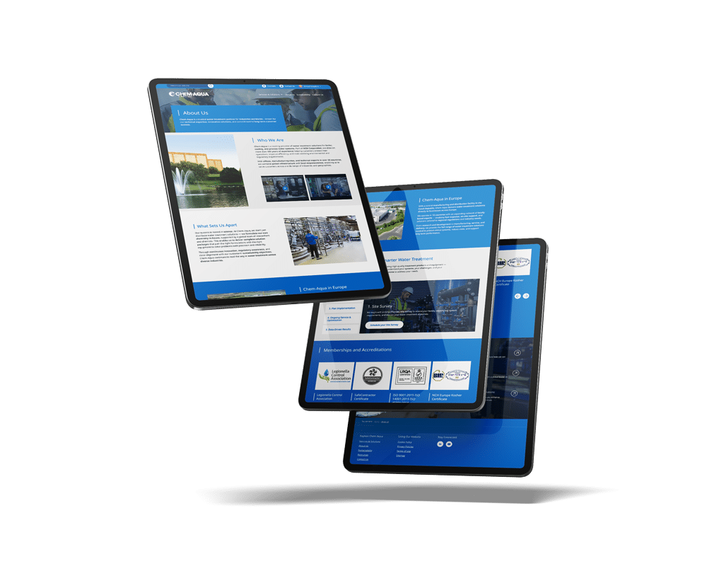 Three tablet devices set at different angles displaying the new Chem-Aqua website