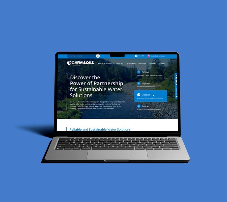 Laptop against a blue background displaying the new Chem-Aqua website