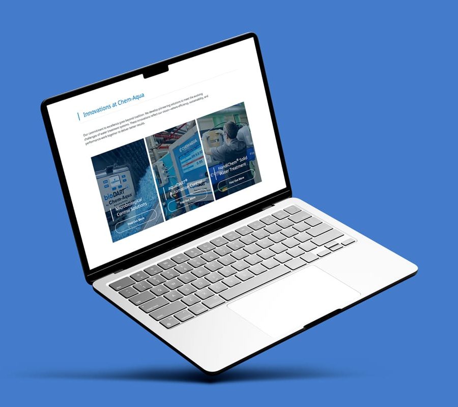 Laptop displaying Chem-Aqua website, against blue background