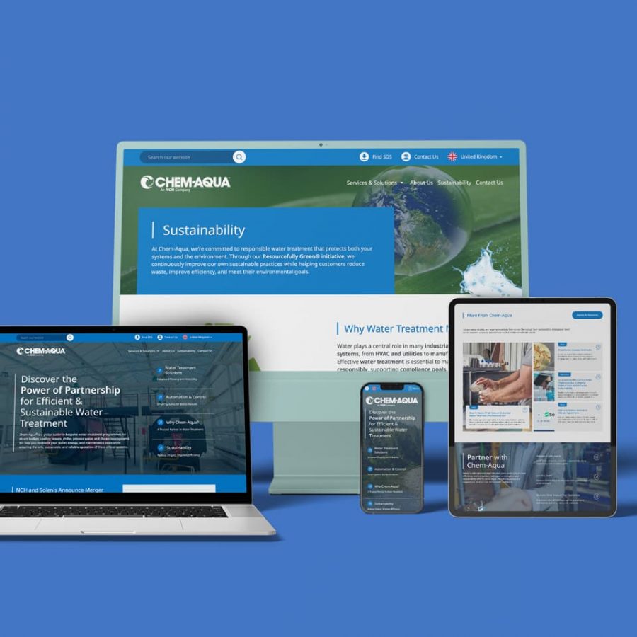 A variety of devices, including desktop monitor, laptop, mobile and tablet, on a blue background. All displaying various webpages from Chem-Aqua website.