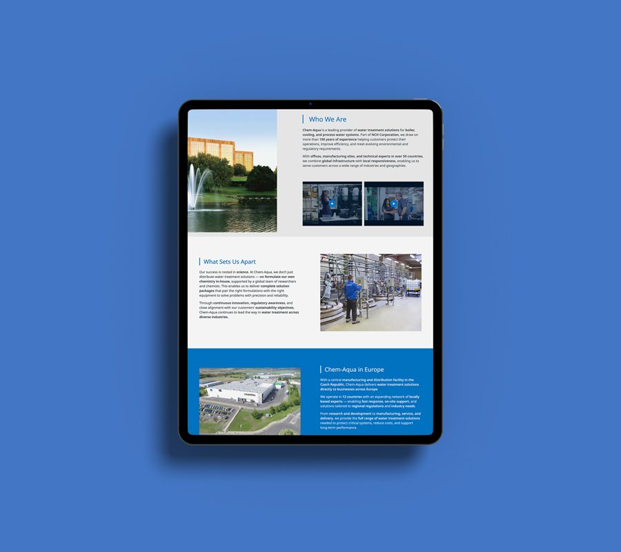 Tablet devices displaying Chem-Aqua website, against blue background