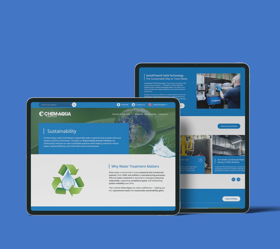 Two tablet devices; one landscape -one portrait, displaying different pages of the Chem-Aqua website, against blue background