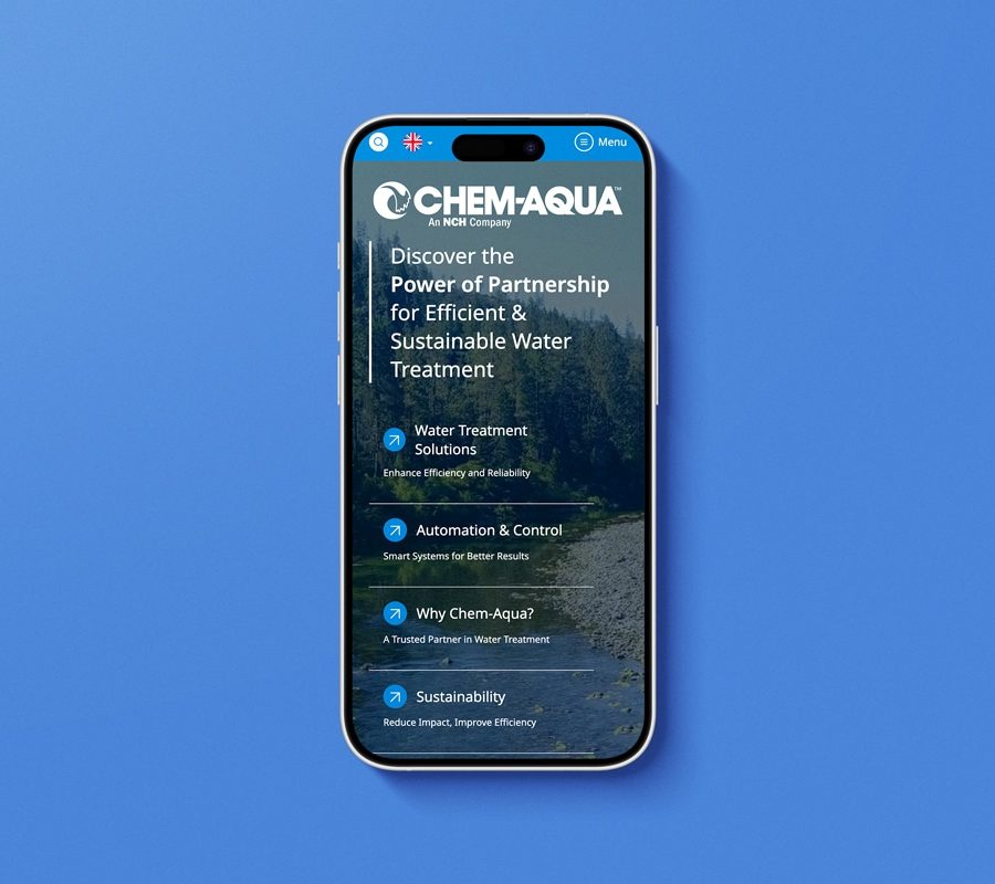 Mobile displaying Chem-Aqua website, against blue background