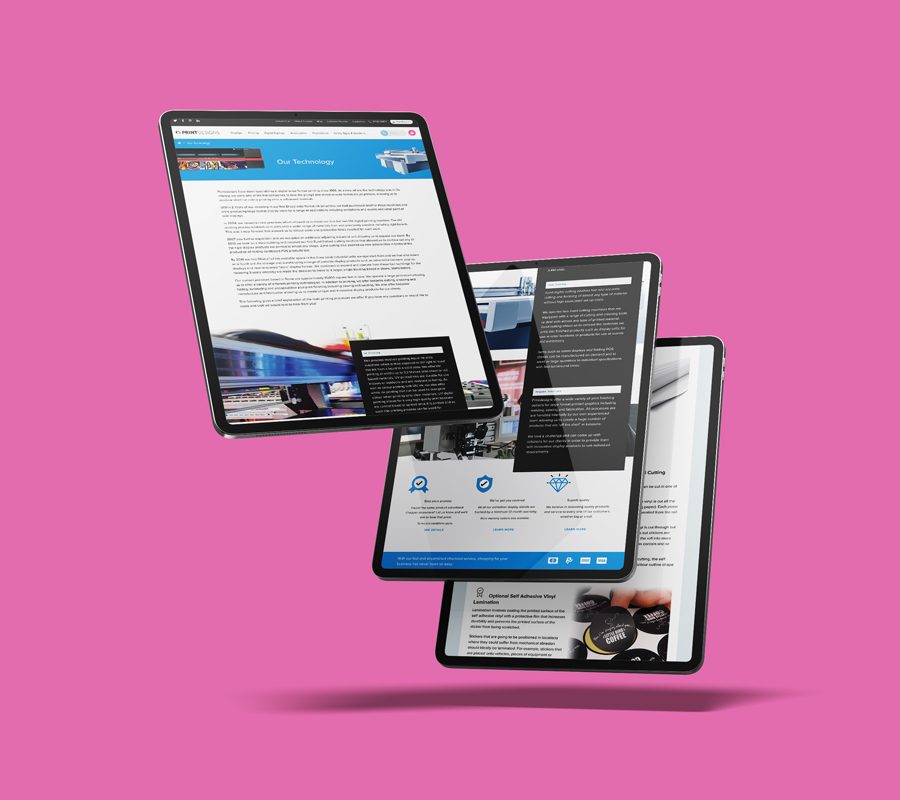 Three tablet devices on a pink background, displaying various webpages from the Print Designs website.