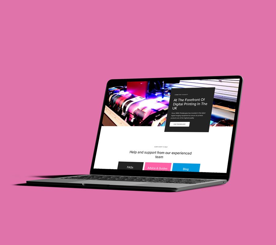 Open laptop on a pink background, displaying a webpage from the Print Designs website.