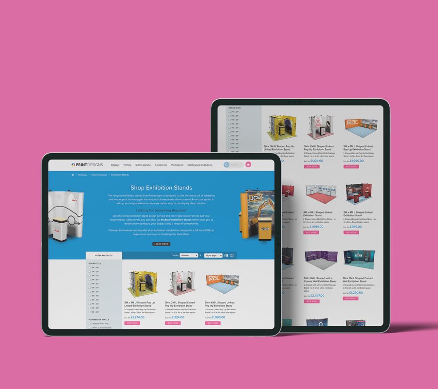 Two tablet devices on a pink background, displaying webpages from the Print Designs website.