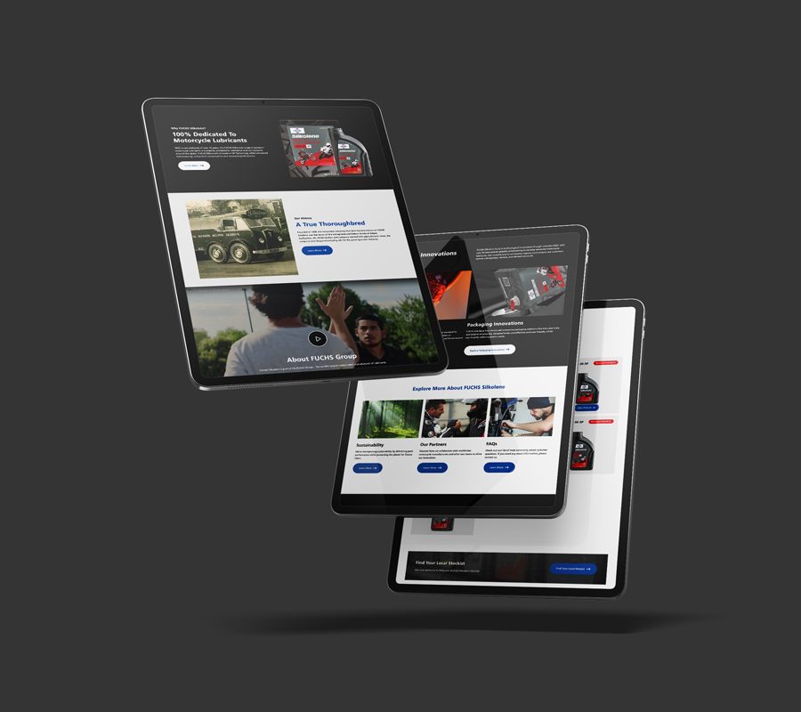 Multiple tablet devices on a grey background displaying multiple pages of Silkolene's new website