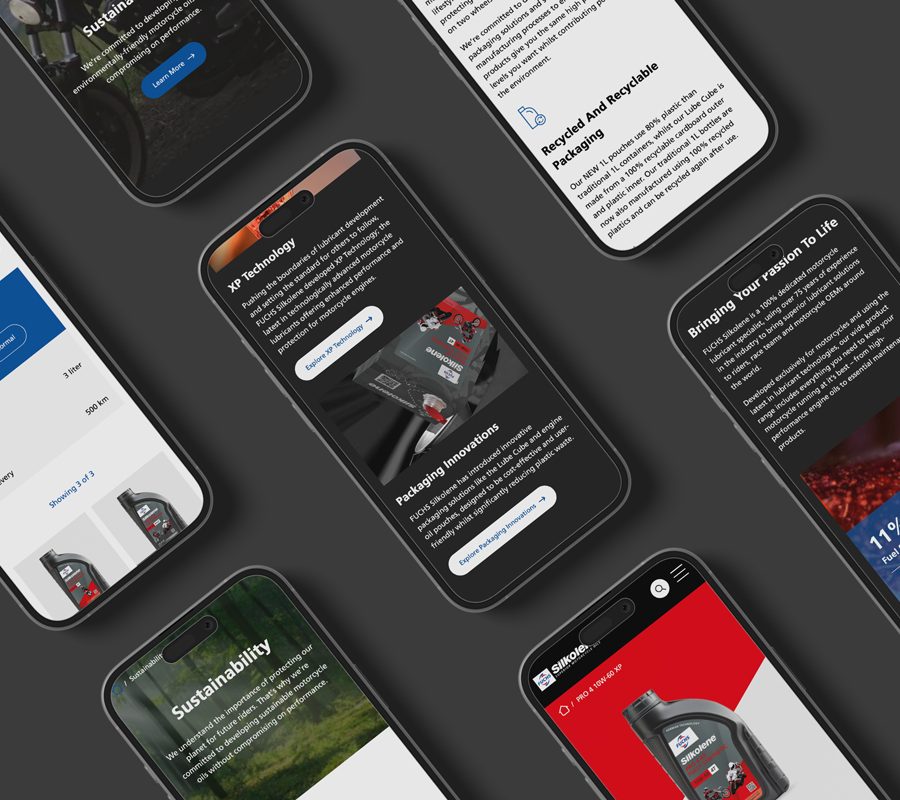 Multiple mobile phones on a grey background displaying multiple pages of Silkolene's new website