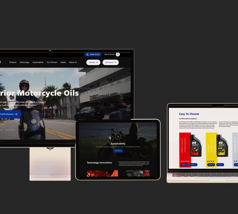 A variety of devices, including desktop monitor, laptop, mobile and tablet. All displaying various webpages from the Silkolene website, against a dark grey background.