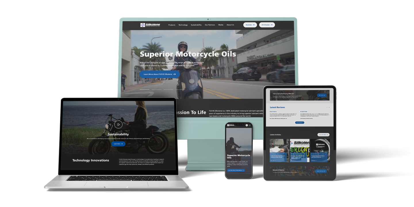 A variety of devices, including desktop monitor, laptop, mobile and tablet. All displaying various webpages from the Silkolene website.