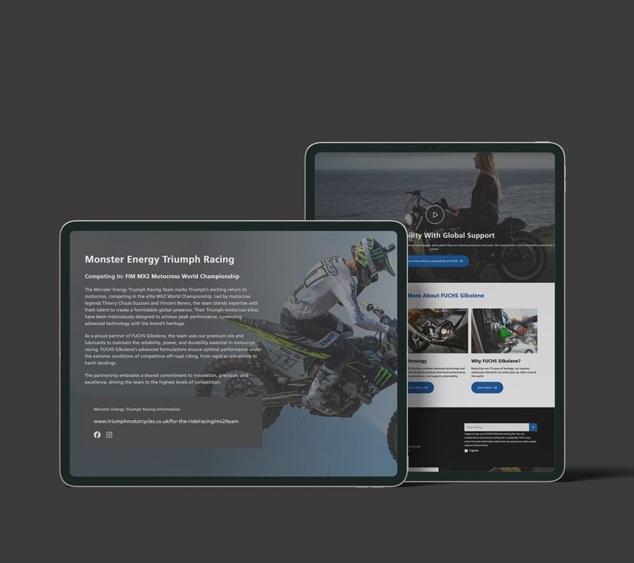 Multiple tablet devices on a grey background displaying multiple pages of Silkolene's new website