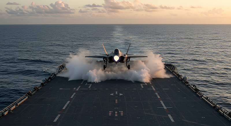 A fighter jet about to take off from the deck of an aircraft carrier, the exhaust fumes create a cloud of smoke around it. In the background is the sea and a cloudy sky.